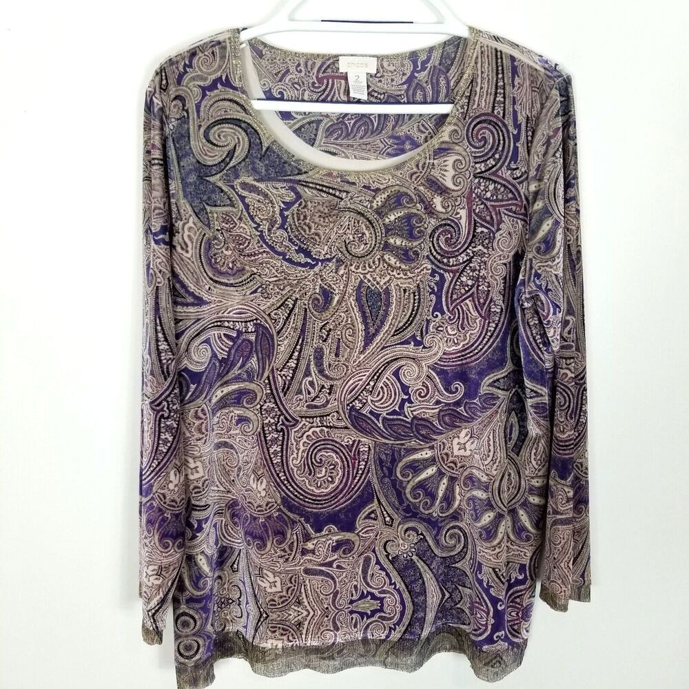 Chico's Women's‎ Paisley Print Top Size L Velour Metallic Trim Long Sleeve Artsy